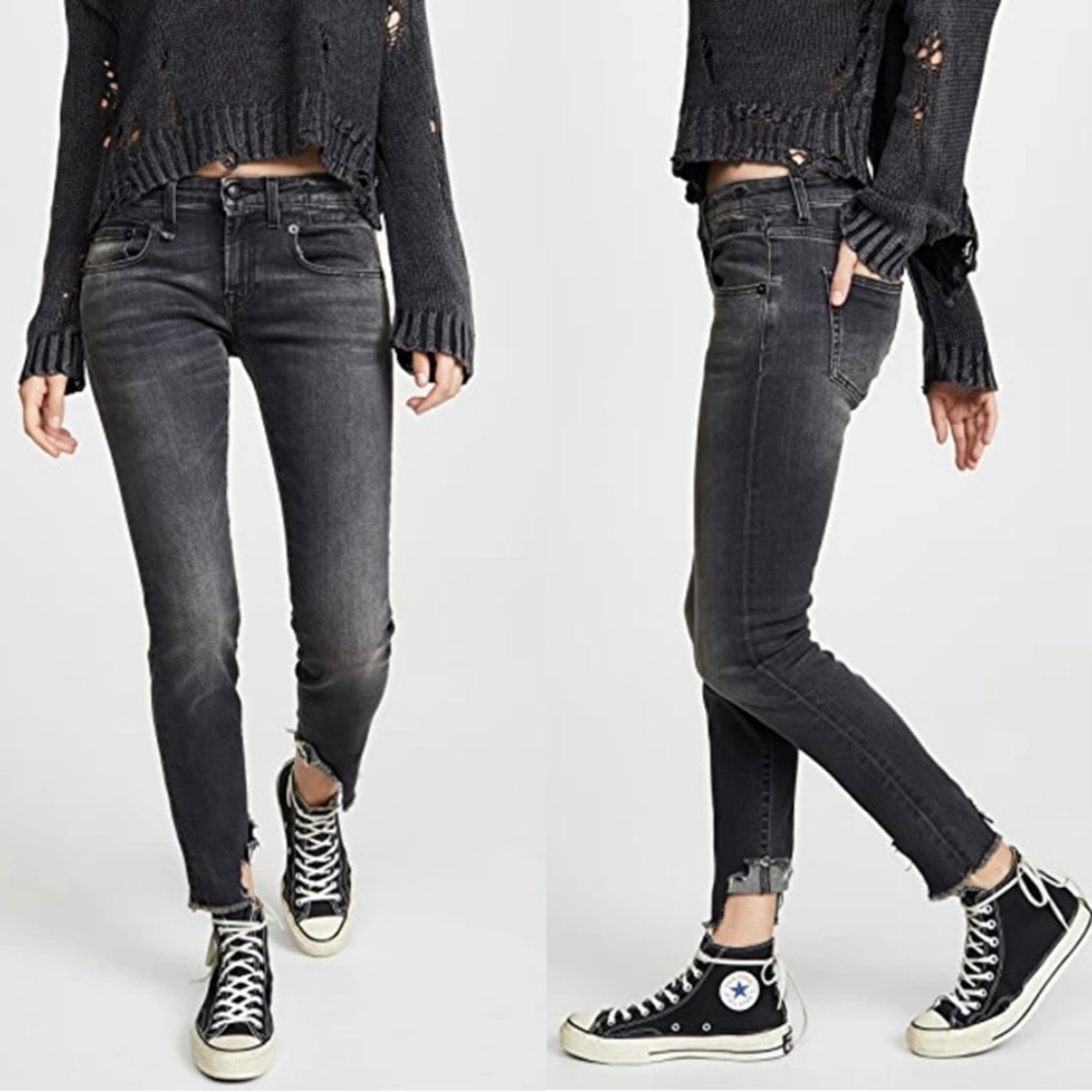 R13 Boy Skinny Gino Black Distressed Raw Half Down Cuff Jeans - 27